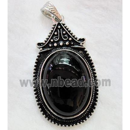 Black Onyx Agate Oval Pendant Alloy Antique Silver