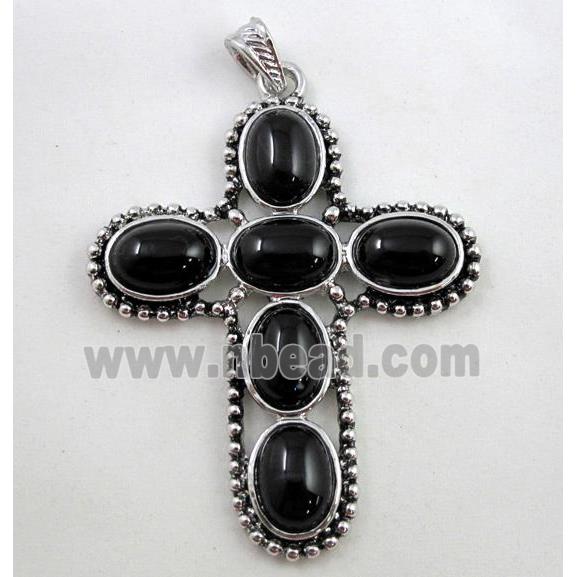 gemstone pendant, cross, black onyx, antique silver