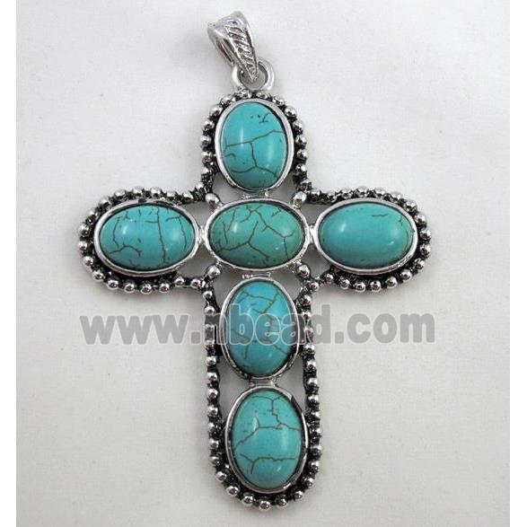 turquoise pendant, cross, antique silver