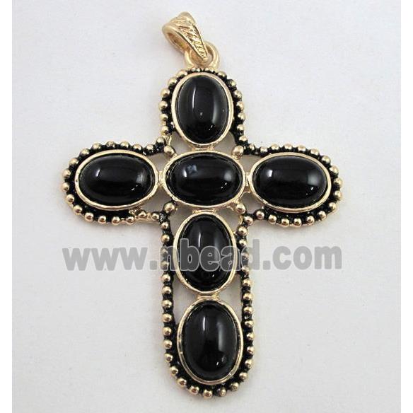 gemstone pendant, cross, black onyx, antique gold