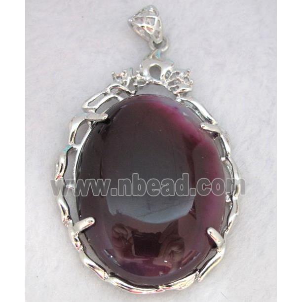 agate stone pendant, oval, purple, platinum plated, copper setting