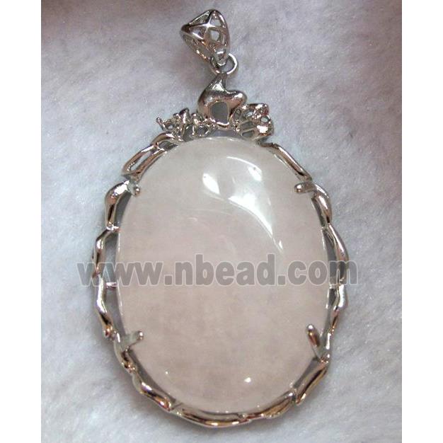 rose quartz pendant, oval, platinum plated, copper setting