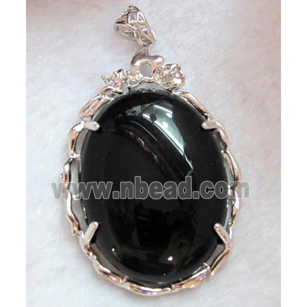 black onyx pendant, oval, platinum plated