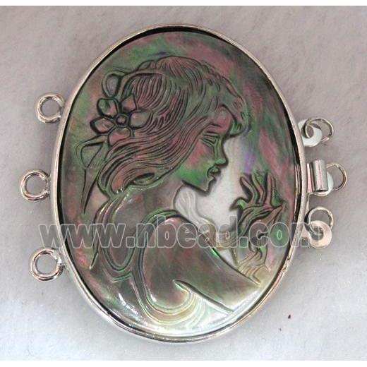 Victorian Lady Portrait Cameo, black shell connector for necklace, bracelet, platinum plated