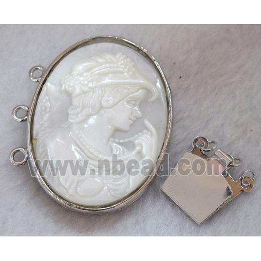 Victorian Lady Portrait Cameo, shell connector for necklace, bracelet, platinum plated