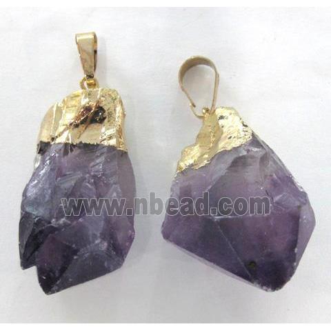 natural healing point amethyst pendant, freeform, gold plated