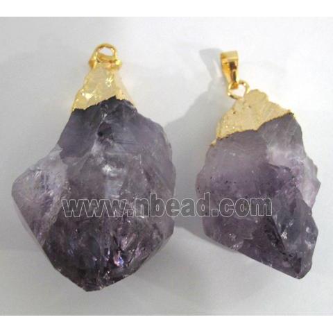 natural healing point amethyst pendant, freeform, gold plated