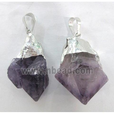 natural healing amethyst pendant, point, freeform nugget, silver plated