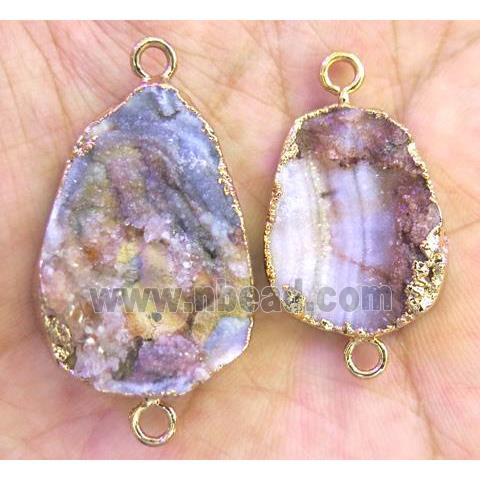 natural agate druzy connector, freeform slice, gold plated