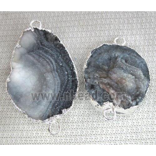natural agate druzy connector, freeform slice, silver plated