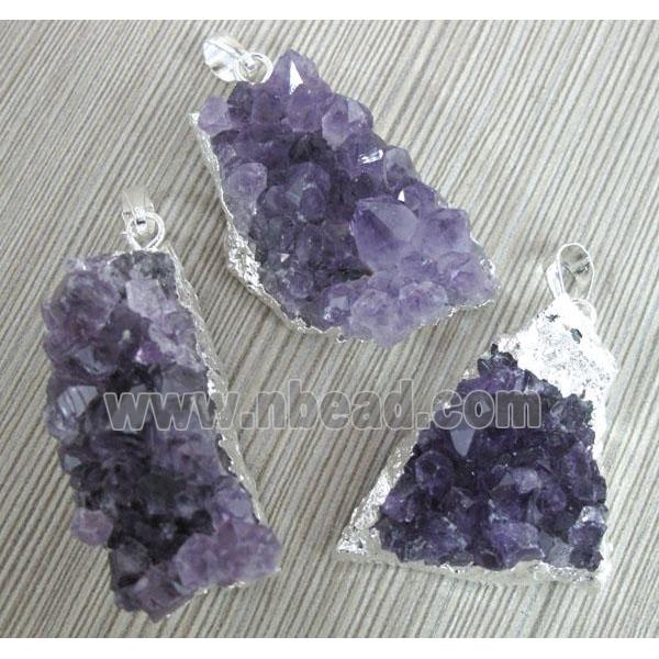 druzy amethyst pendant with point cluster, freeform