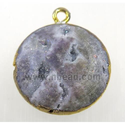 natural Agate Druzy pendant, flat round, gold plated