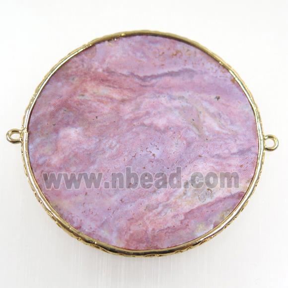 pink Rhodonite circle connector, gold plated
