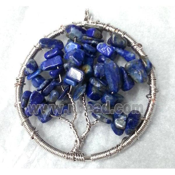 Blue Lapis Lazuli Chips Pendant Tree Of Life Wire Wrapped Platinum Plated