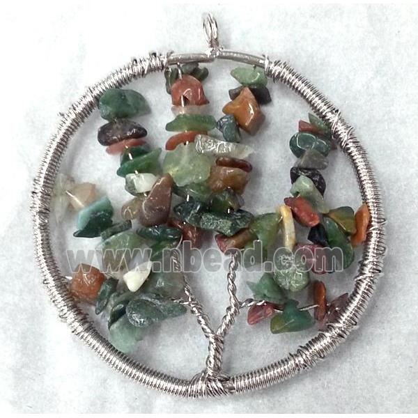 Indian Agate Chips Pendant Tree Of Life Wire Wrapped Platinum Plated