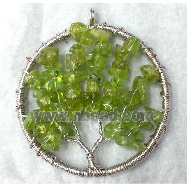Green Peridot Chips Pendant Tree Of Life Wire Wrapped Platinum Plated