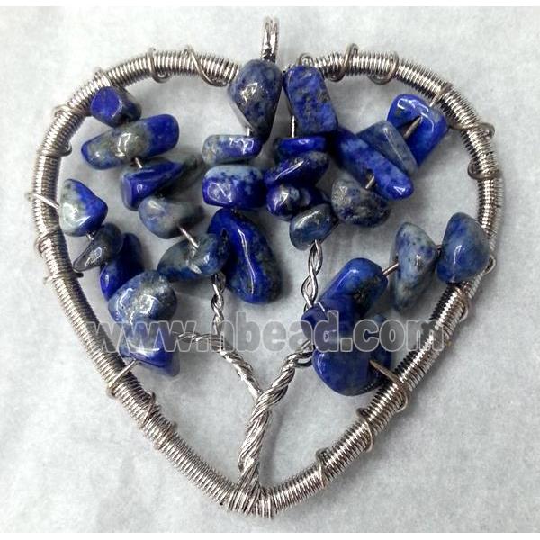 Blue Lapis Lazuli Chips Heart Pendant Tree Of Life Wire Wrapped Platinum Plated