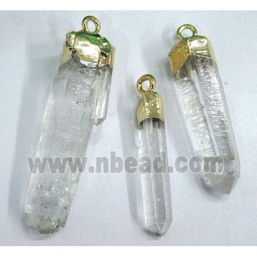 clear quartz stick pendant, freeform, gold plated