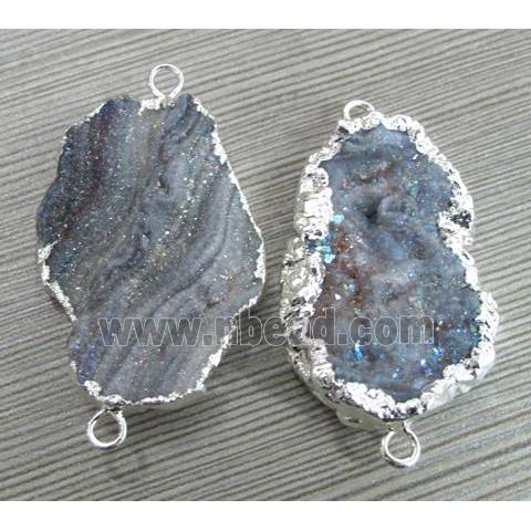 AB-Color druzy agate connector, freeform, silver plated