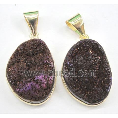 druzy quartz pendant, freeform, purple electroplated