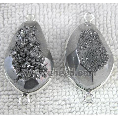 druzy quartz connector, faceted freeform, silver plated
