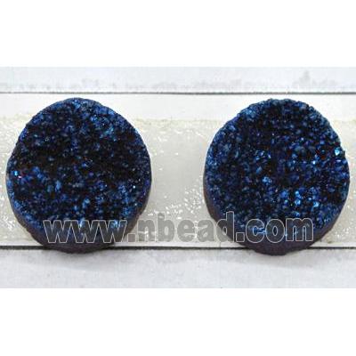 quartz druzy cabochon, flat-round, blue electroplated