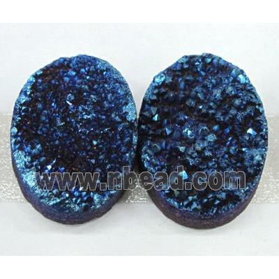 quartz druzy cabochon, oval, blue electroplated