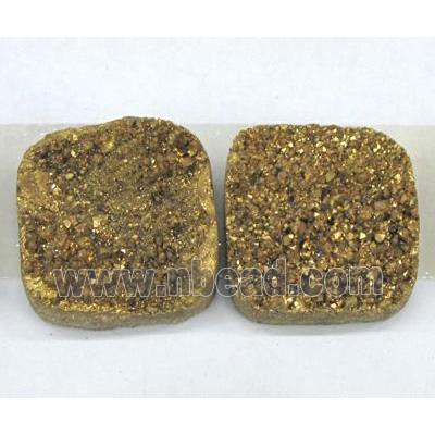 quartz druzy cabochon, square, gold plated