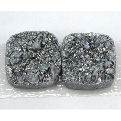 quartz druzy cabochon, square, silver plated