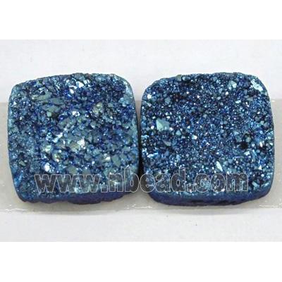 quartz druzy cabochon, square, blue electroplated