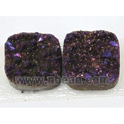 quartz druzy cabochon, square, purple electroplated