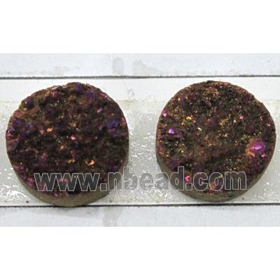 quartz druzy cabochon, flat-round, purple electroplated