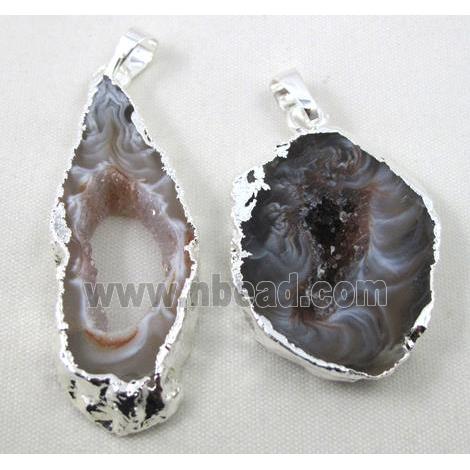 druzy agate geode slice pendant, freeform, silver plated