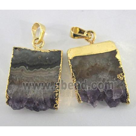 purple druzy Amethyst pendant, freeform slice, gold plated