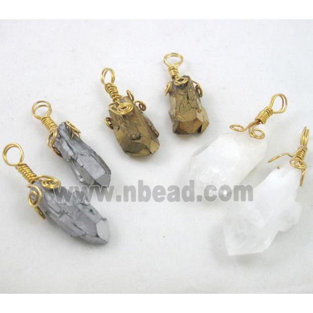 mixed clear quartz earring pendant, freeform, wire wrapped