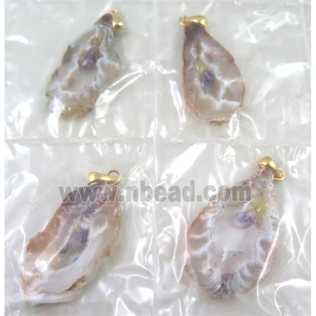 druzy agate slice pendant, freeform, paved gems, gold plated