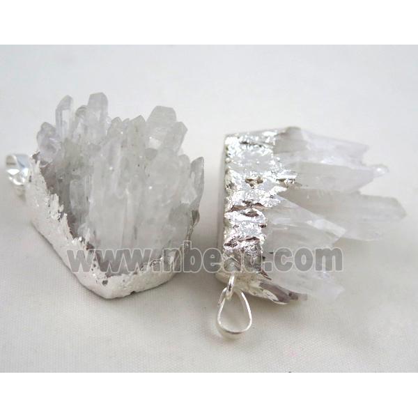 cluster druzy quartz pendant, freeform, silver plated