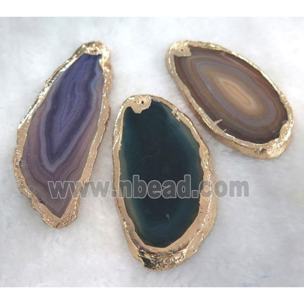 agate slice pendant, freeform, mixed color, gold plated