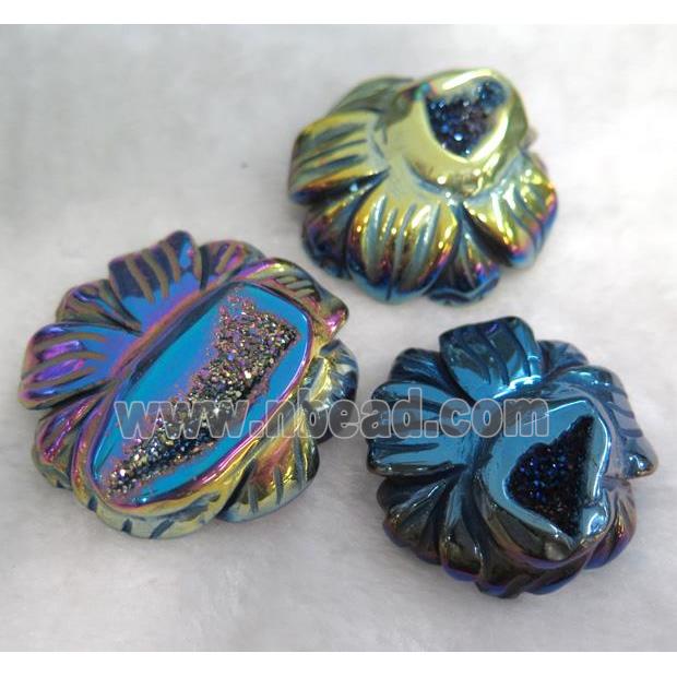 druzy agate cabochon, carved flower, mixed electroplated color, no-hole