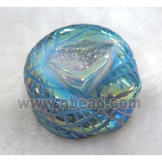 druzy agate cabochon, snake, carved, green ab-color electroplated