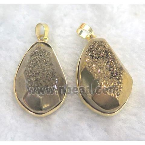 druzy quartz pendant, faceted teardrop, gold electroplated