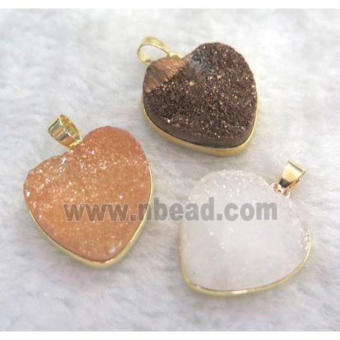 druzy quartz pendant, heart, mixed
