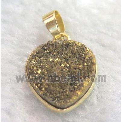 golden druzy quartz pendant, heart