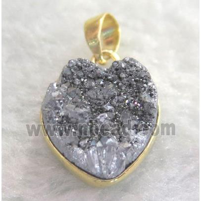 silver druzy quartz pendant, heart