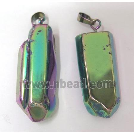 clear quartz pendant, stick, rainbow electroplated
