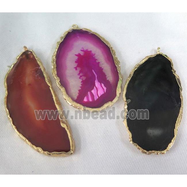 agate slice pendant, mixed color, freeform slab, gold plated