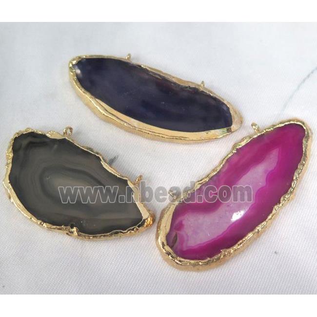agate pendant with 2-holes, freeform slice, mixed color, gold plated