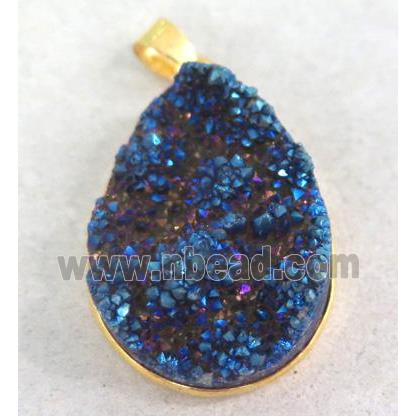 druzy quartz pendant, teardrop, blue electroplated
