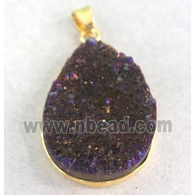 druzy quartz pendant, teardrop, purple electroplated