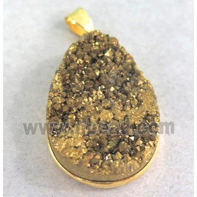 druzy quartz pendant, teardrop, gold electroplated